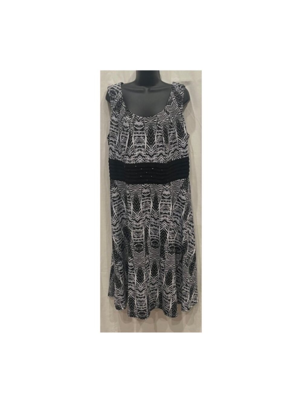 Women's Black & White Geometric Print Fit-and-Flare Dress with Embellished Waist